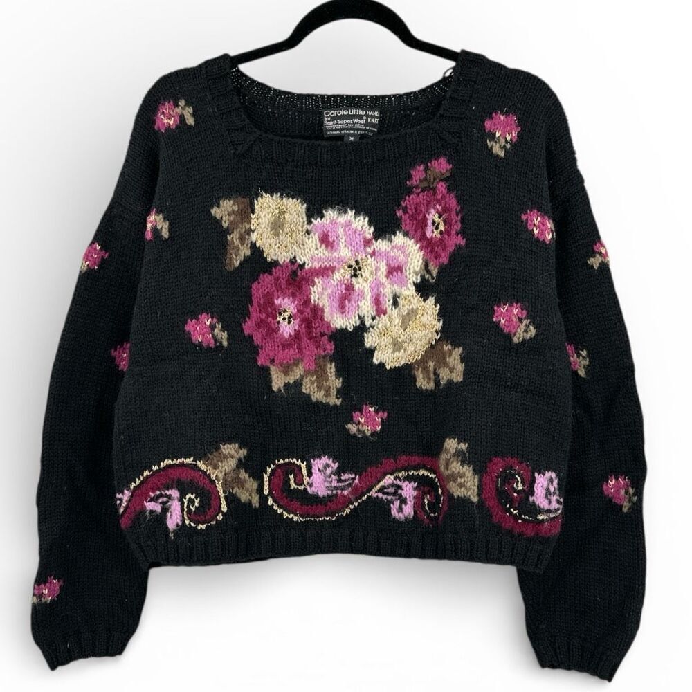 Vintage Carole Little For St. Tropez West Black Purple Floral Hand Knit Sweater